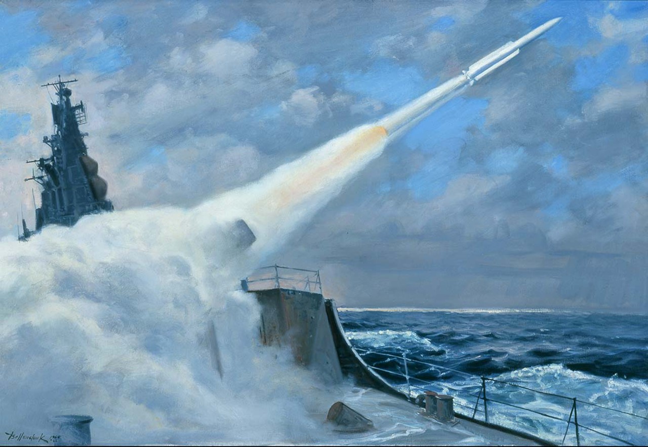 A missile is launched from the deck of a ship