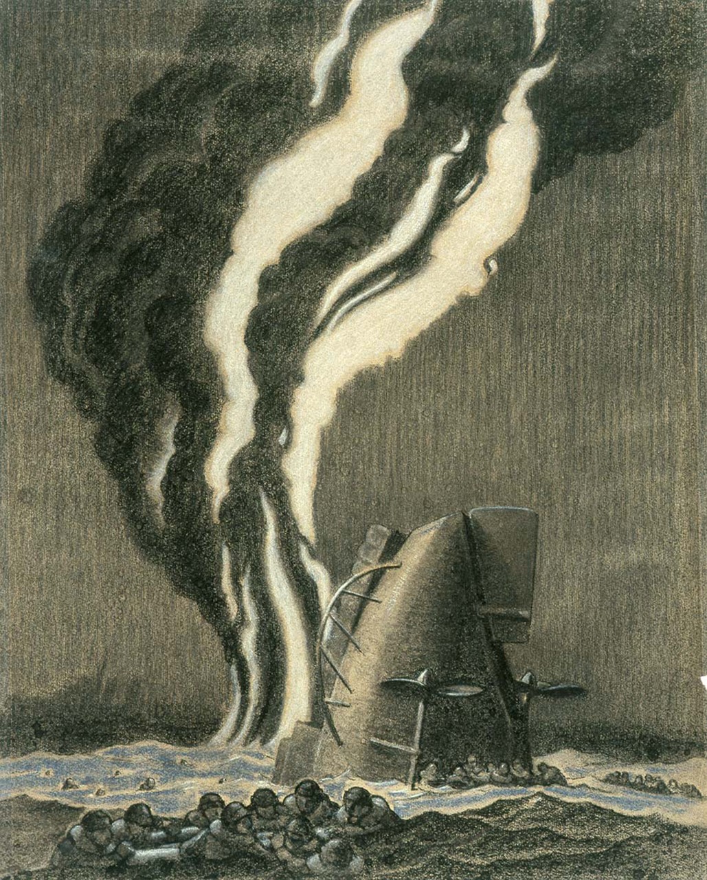 A burning ship is sinking stern in the air with sailors in the water 
