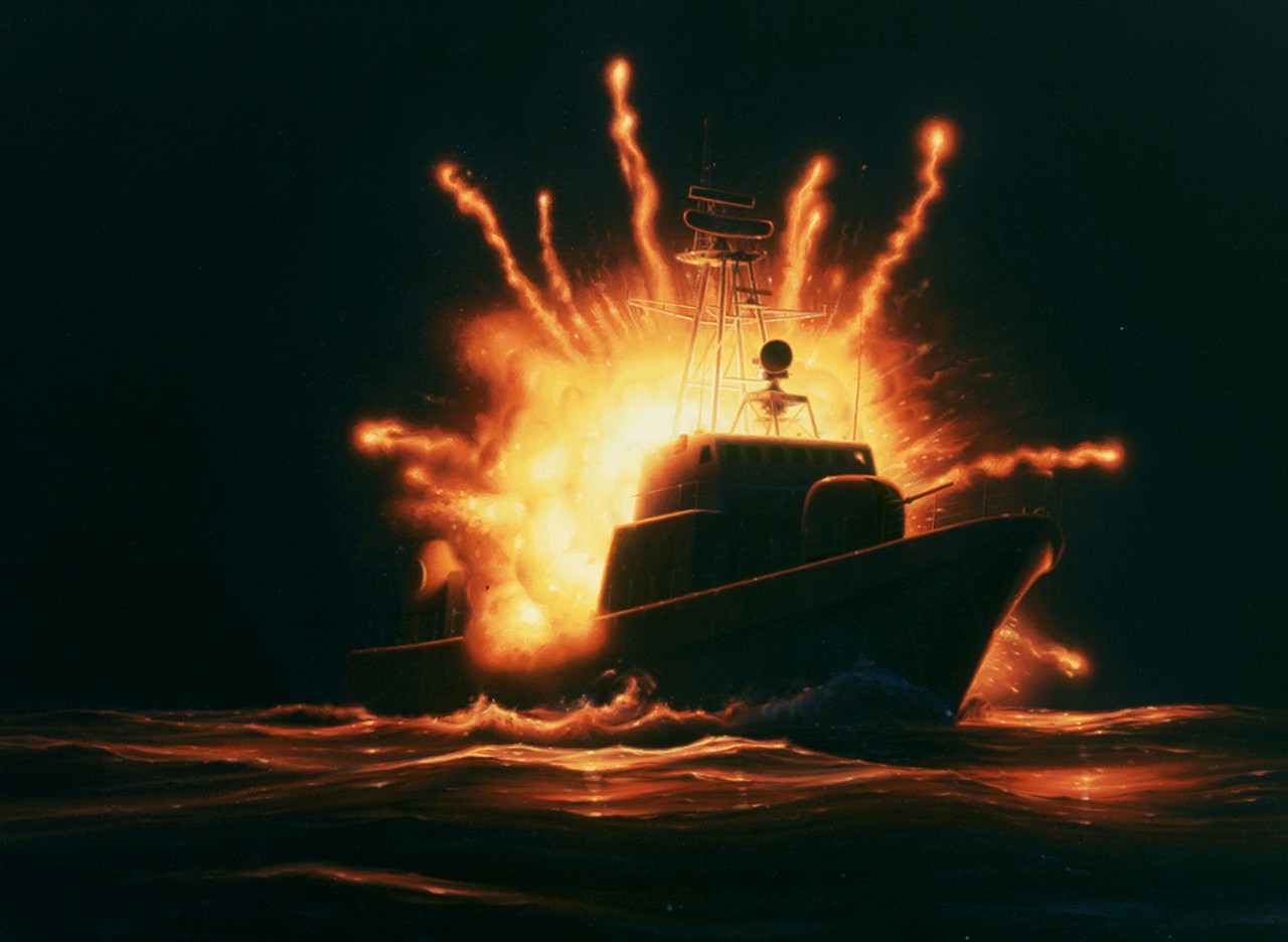 A ship exploding at night