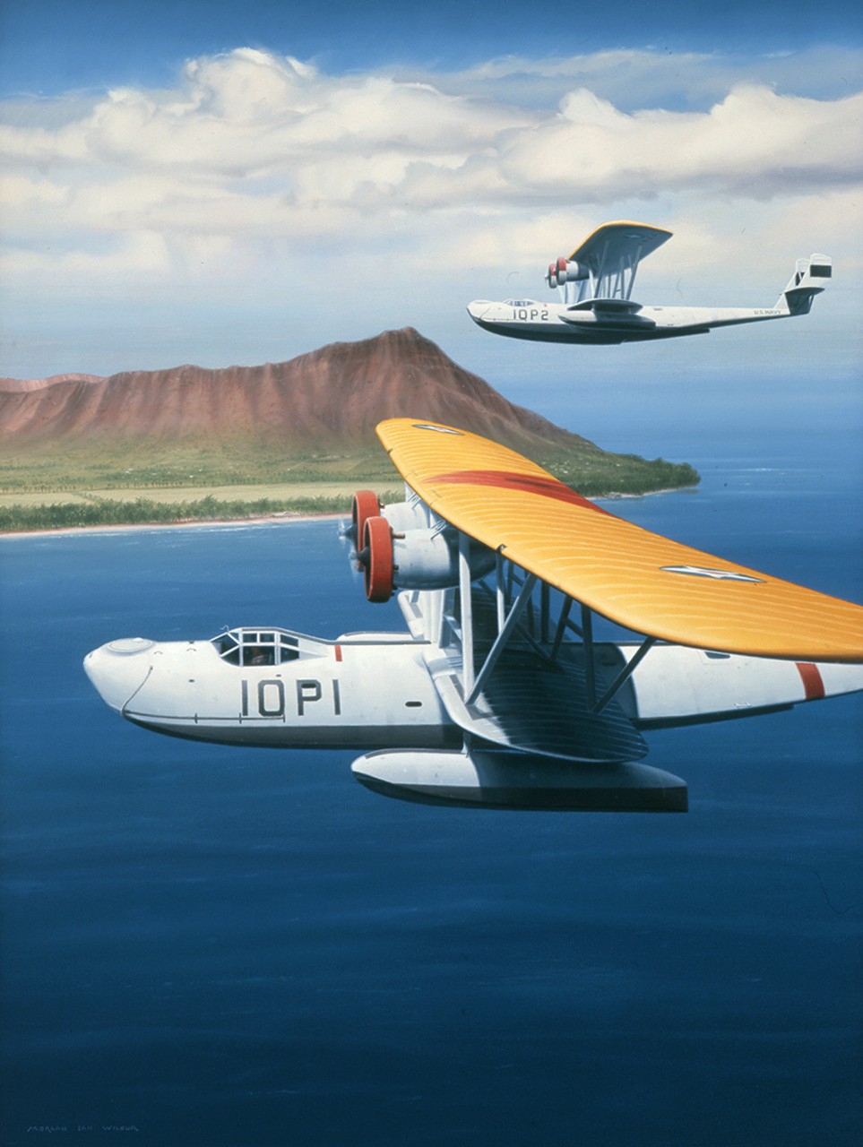 Two planes flying in front of Diamond Head, Hawaii