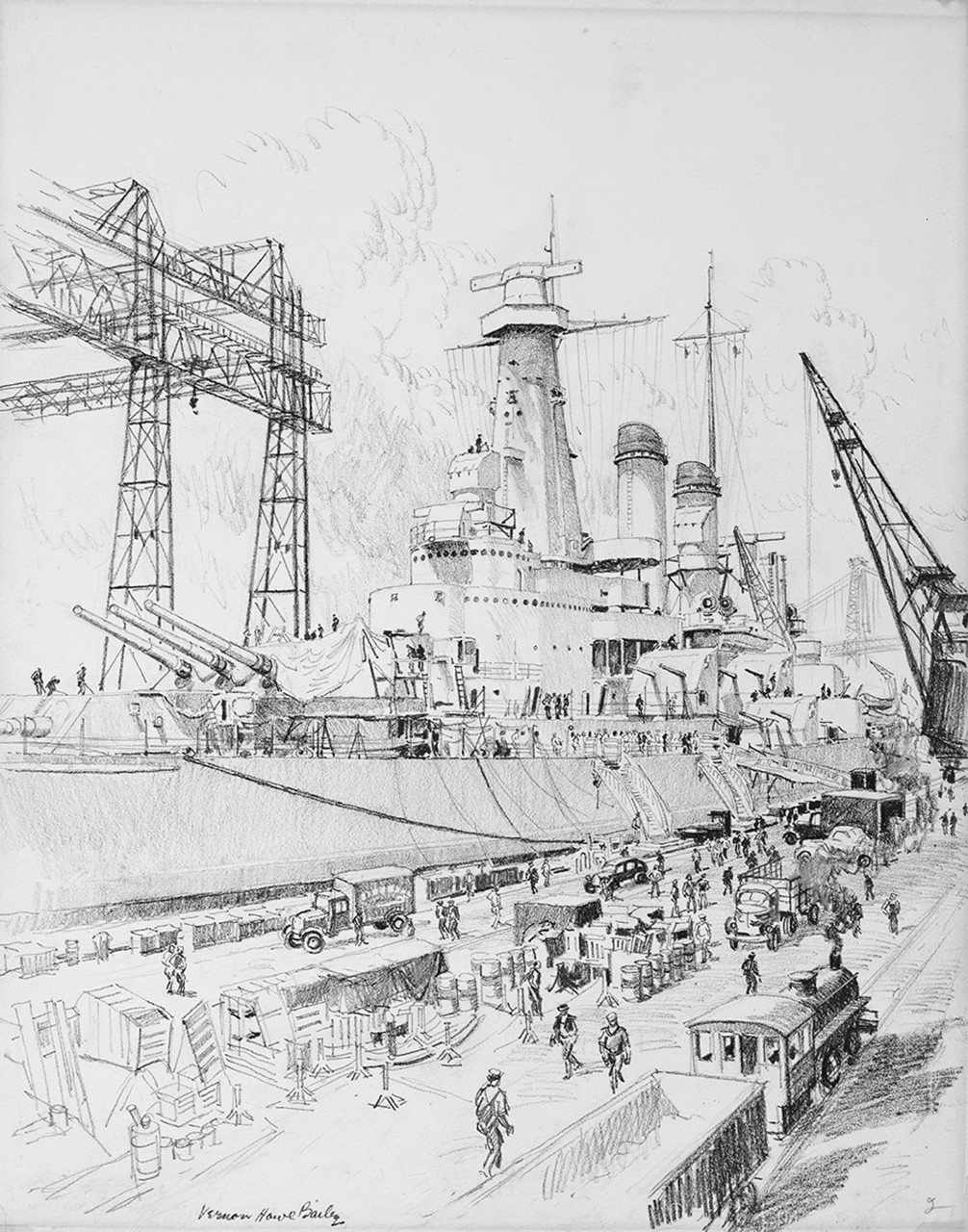 A ship at a pier being worked on by many people