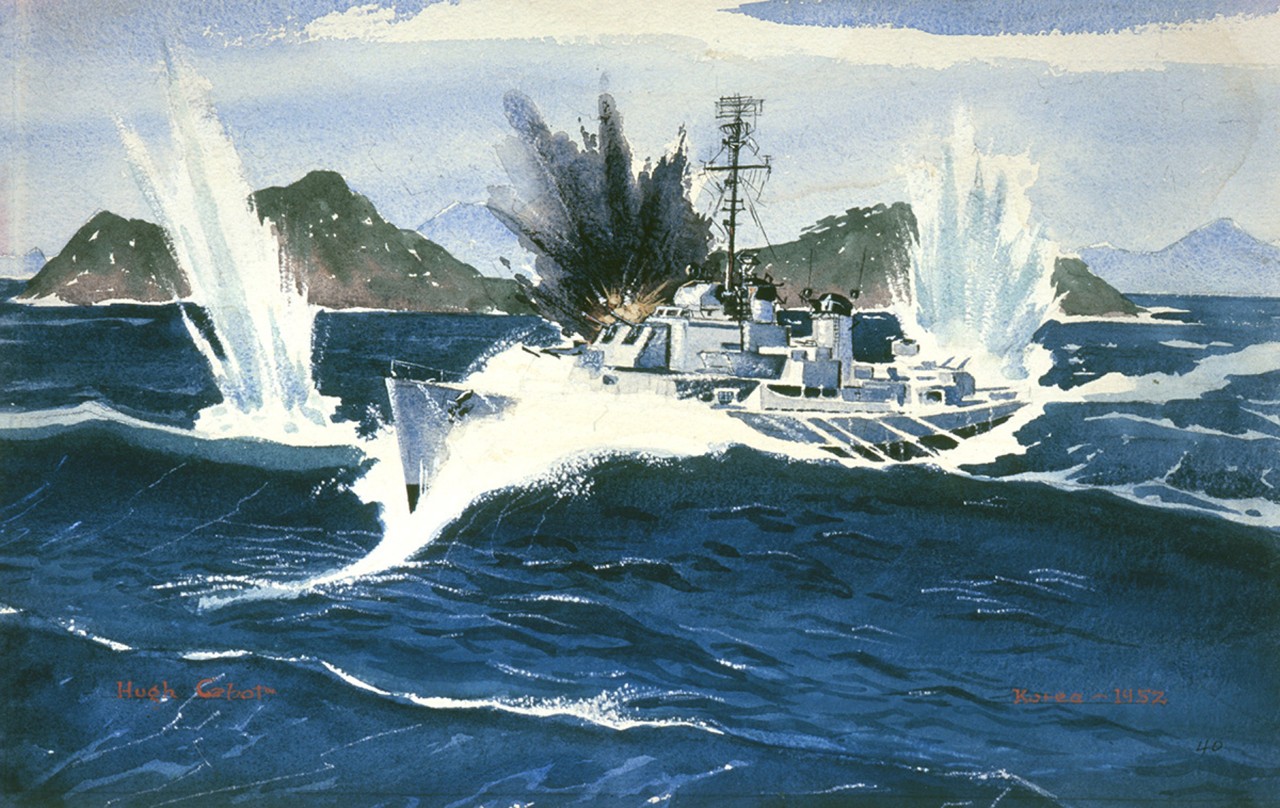 A ship maneuvers around explosions in the water