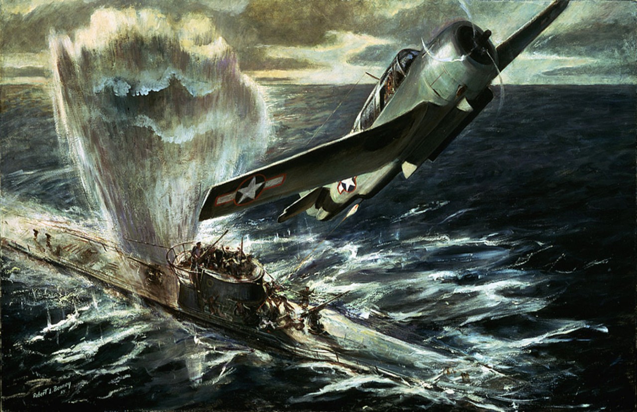 An American plane drops a bomb on a German submarine