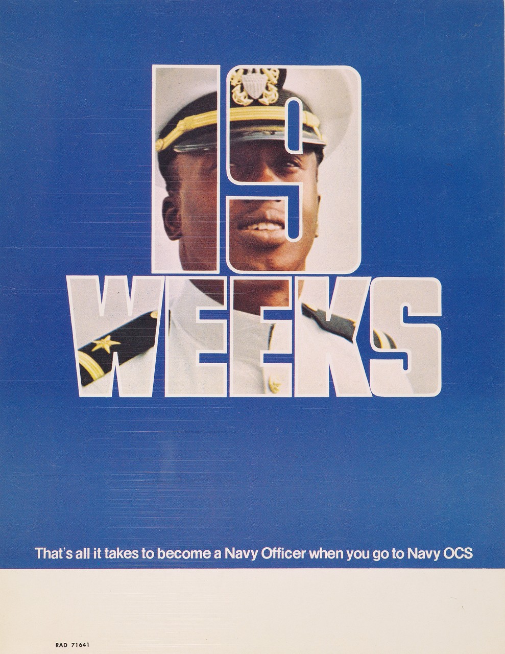 A black naval officer viewed through the lettering "19 Weeks"