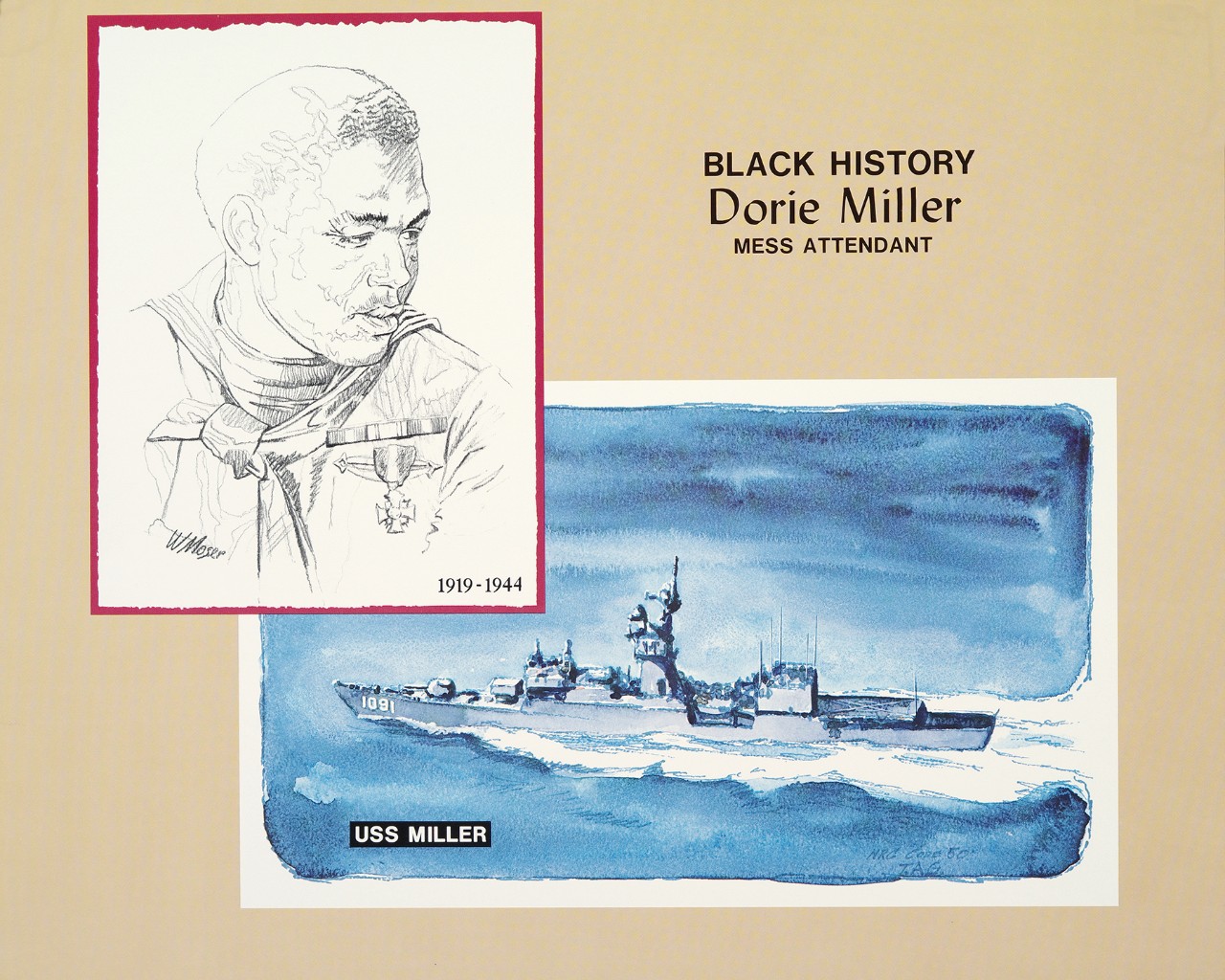 Two images the one on the upper left is a portrait of Dorie Miller. The one of the lower right is a ship portside portrait of USS Miller.
