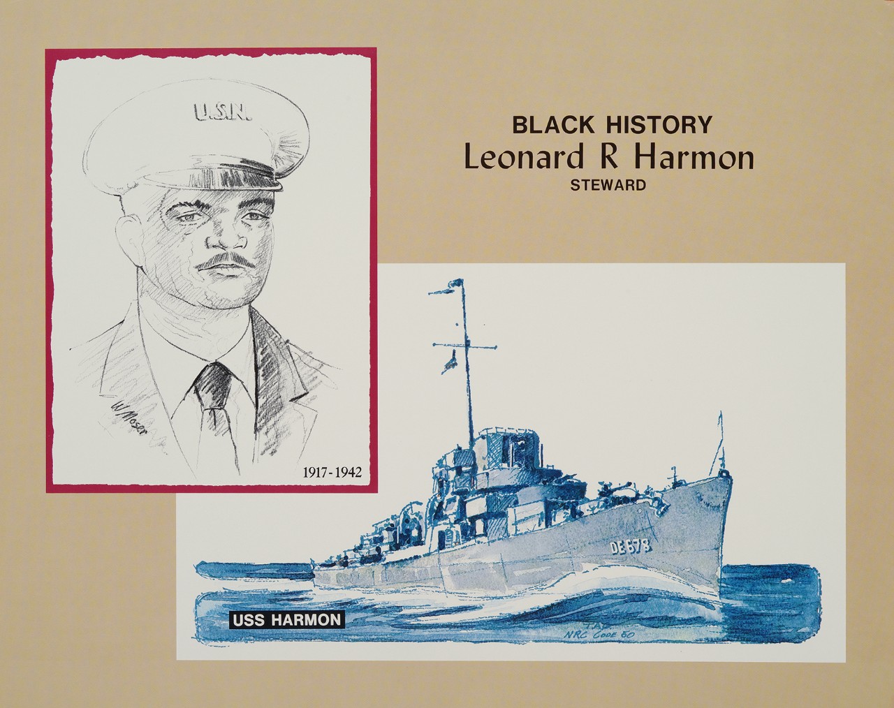 Two images the left is a portrait of ship USS Harmon, the right is a portrait of Leonard Harmon