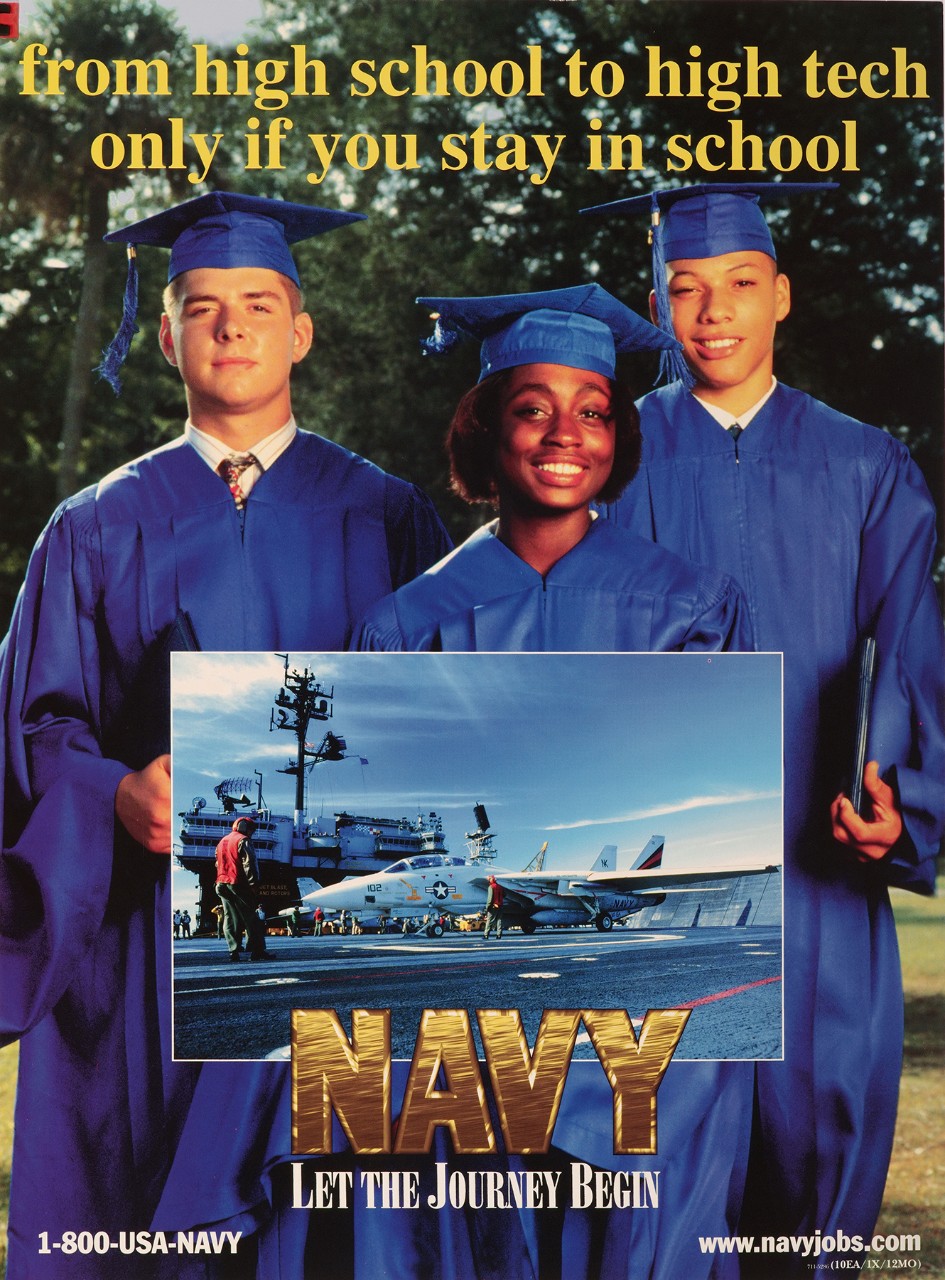 Three high schools graduates.  One is an African American woman in the center behind her on the right is an African American man on the left is a white man. In an inset in front of them is the deck of an aircraft carrier launching planes.