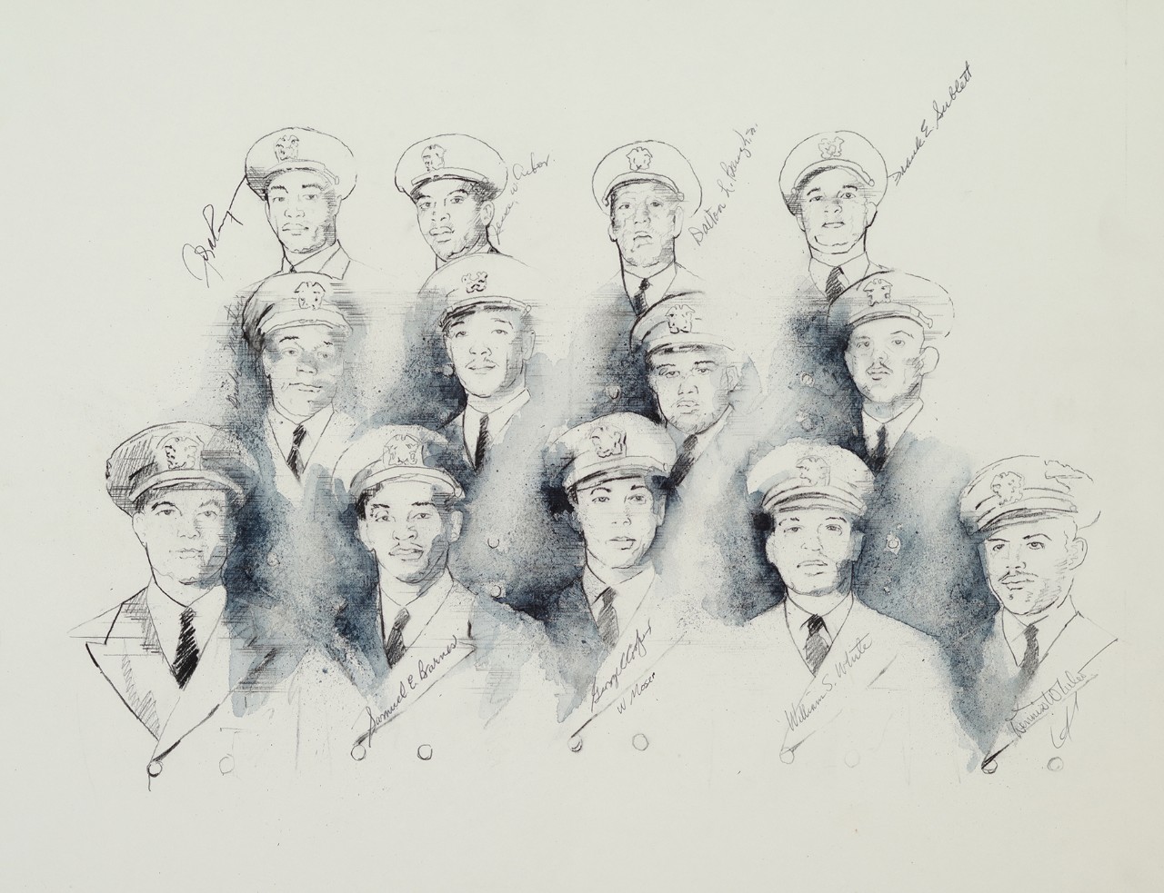 A group protrait of the first 13 black naval officers, the drawing was signed by 8 of the them.