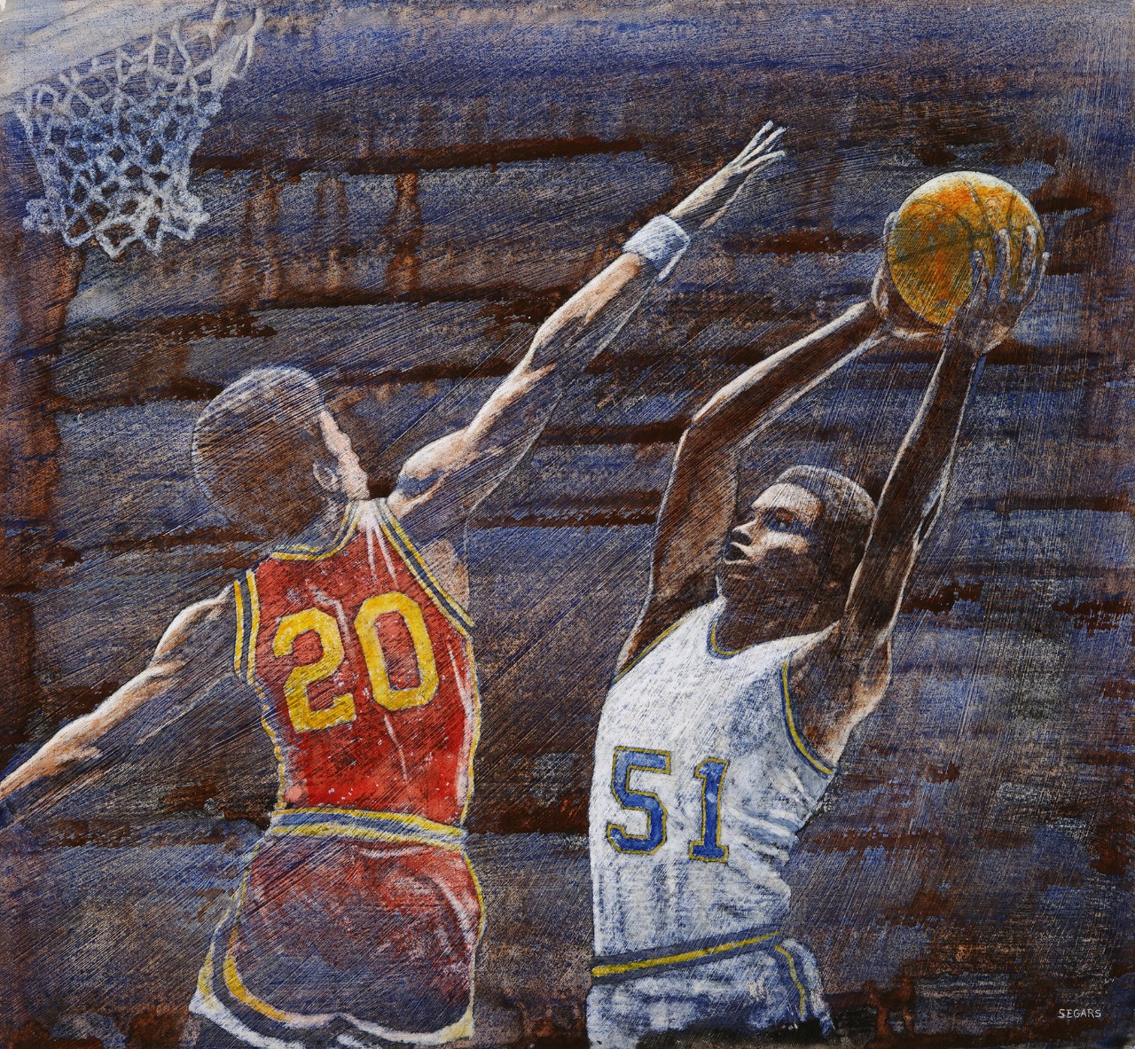 Two African American men playing basketball