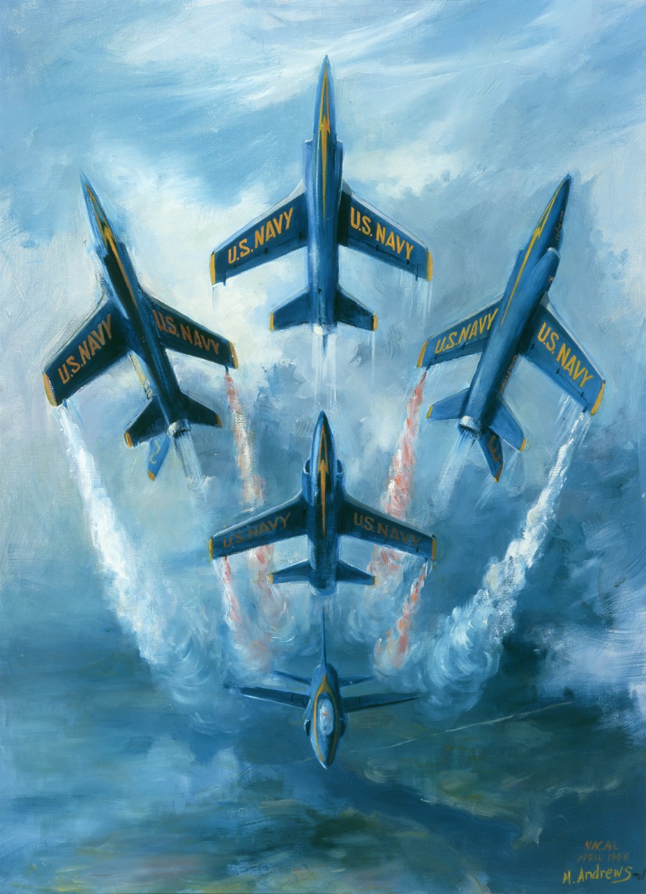 Five Blue Angels flying in a diamond formation.