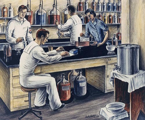 A WAVE and three enlisted men working at a lab bench