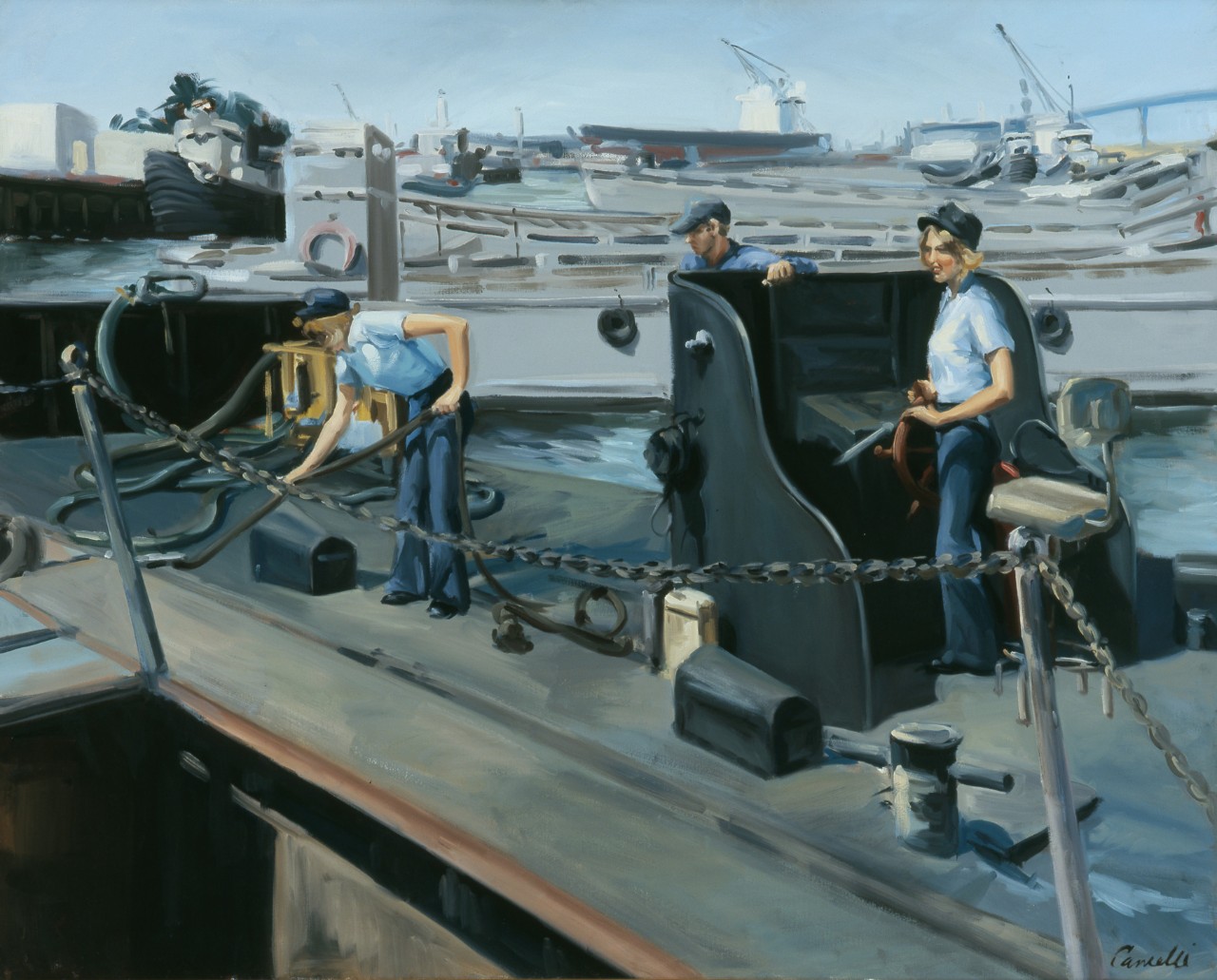 Three women working on a barge
