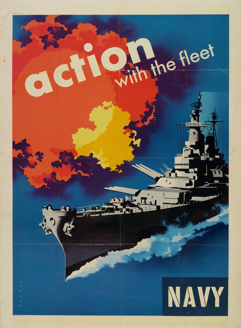 A battleship is firing the guns with the text Action With the Fleet above the ship. The text Navy is in the lower right corner.