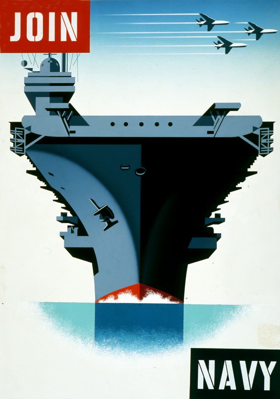 A bow view of an aircraft carrier with three planes flying overhead. Text Join is in upper left corner and Navy on the lower right corner.