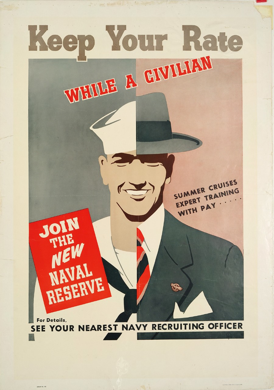 A man with his left half dressed as a sailor and his right half in a civilian suit. Poster text is Keep Your Rate While a Civiliam Join the New Naval Reserve.