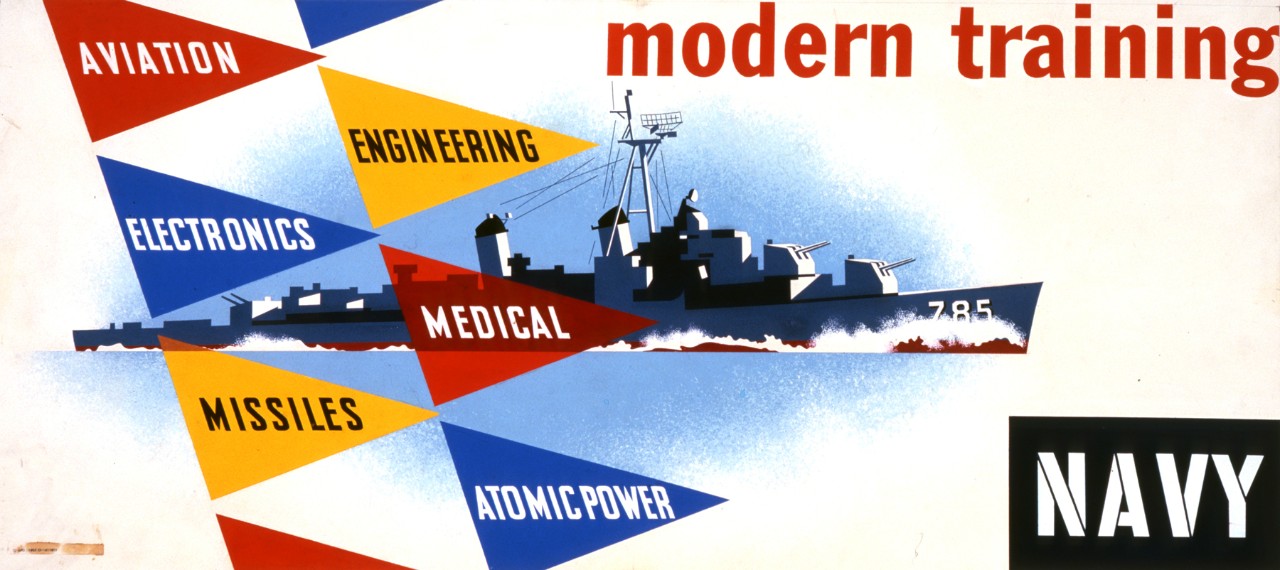 There are six pennants with text, Aviation, Electronics, Missiles, Engineering, Medical, Atomic Power. There is a destroyer in the background.