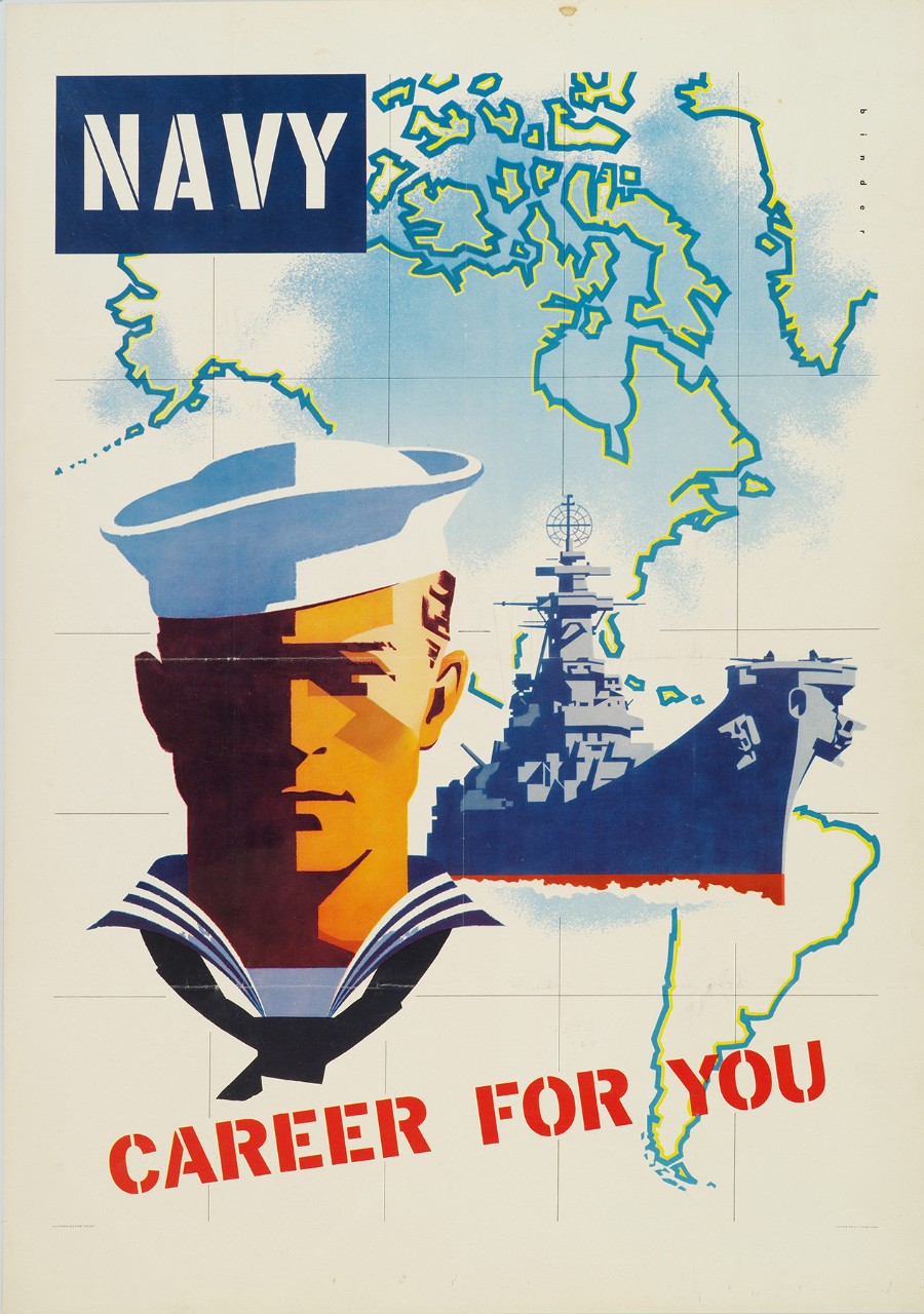 Poster with an image of a sailor behind him is a map of North America and to the left is a destroyer. Text in upper left is Navy and at bottom is Navy Career for You.