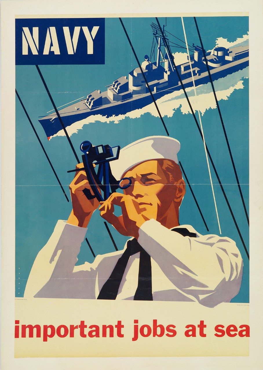 Poster with an image of a sailor with a sextant, behind him is a destroyer. Text in upper left corner is Navy and at bottom is Important Jobs at Sea.