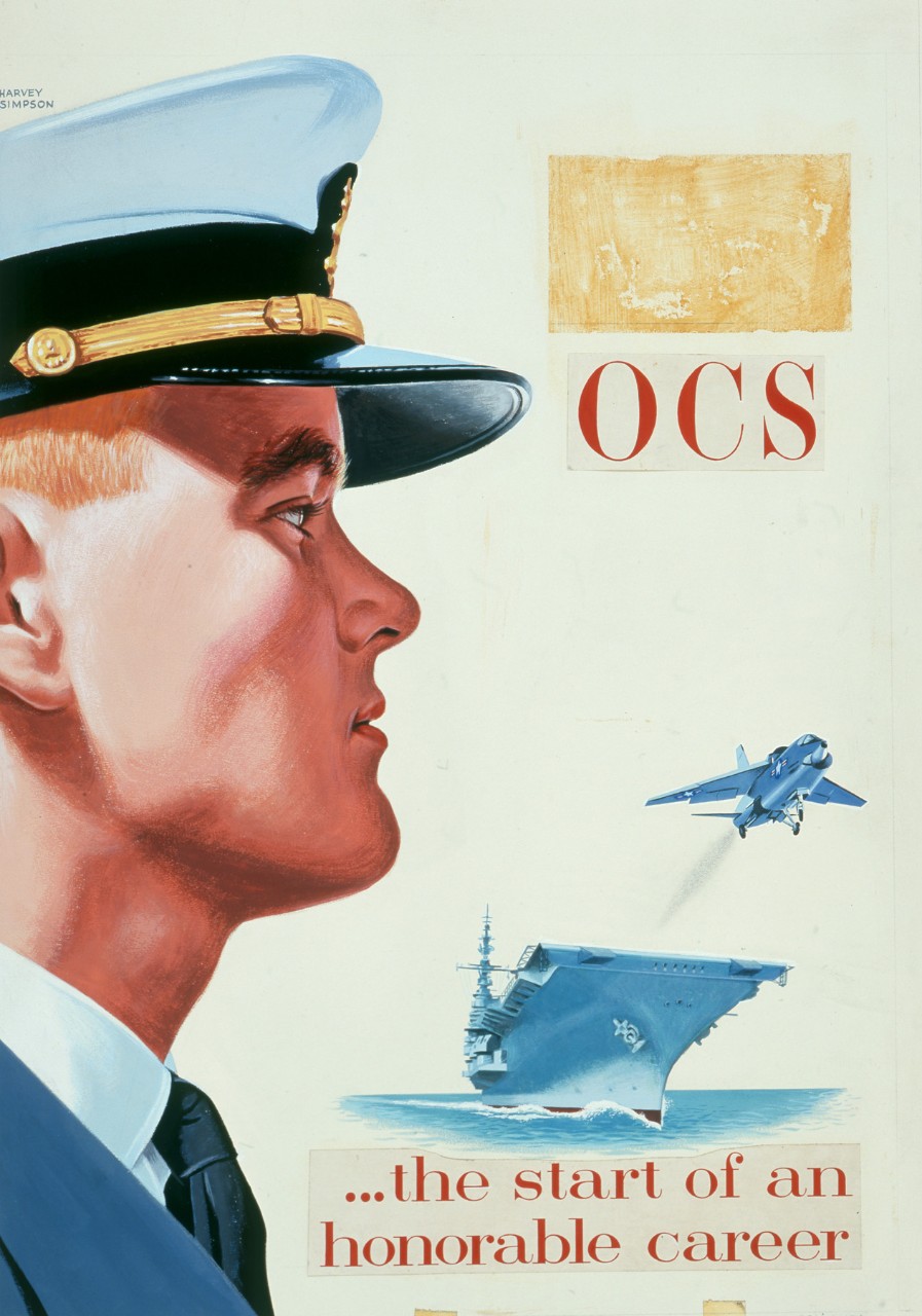 Left side of image a profile of a naval officer in dress blues right side of image a plane taking off from an aircraft carrier.