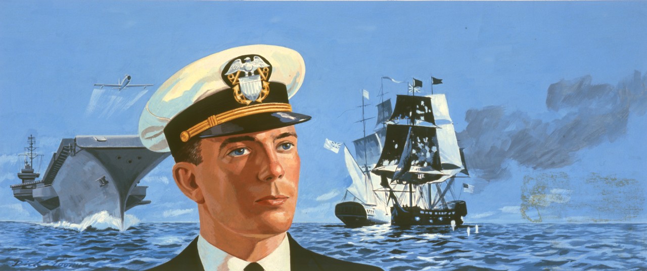 On the left side of the painting is an aircraft carrier with a plane taking off. In the center is an officer and on the right are two sailing ships in battle
