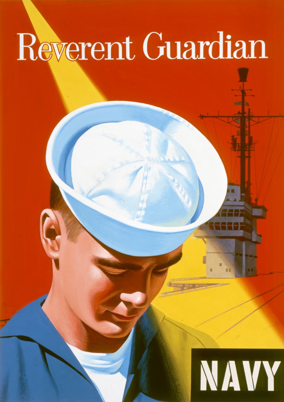 In the foreground a sailor has his head bowed, behind him is a beam of light. In background is the island of an aircraft carrier. Text Reverent Guardian is at top and Navy in lower right corner.