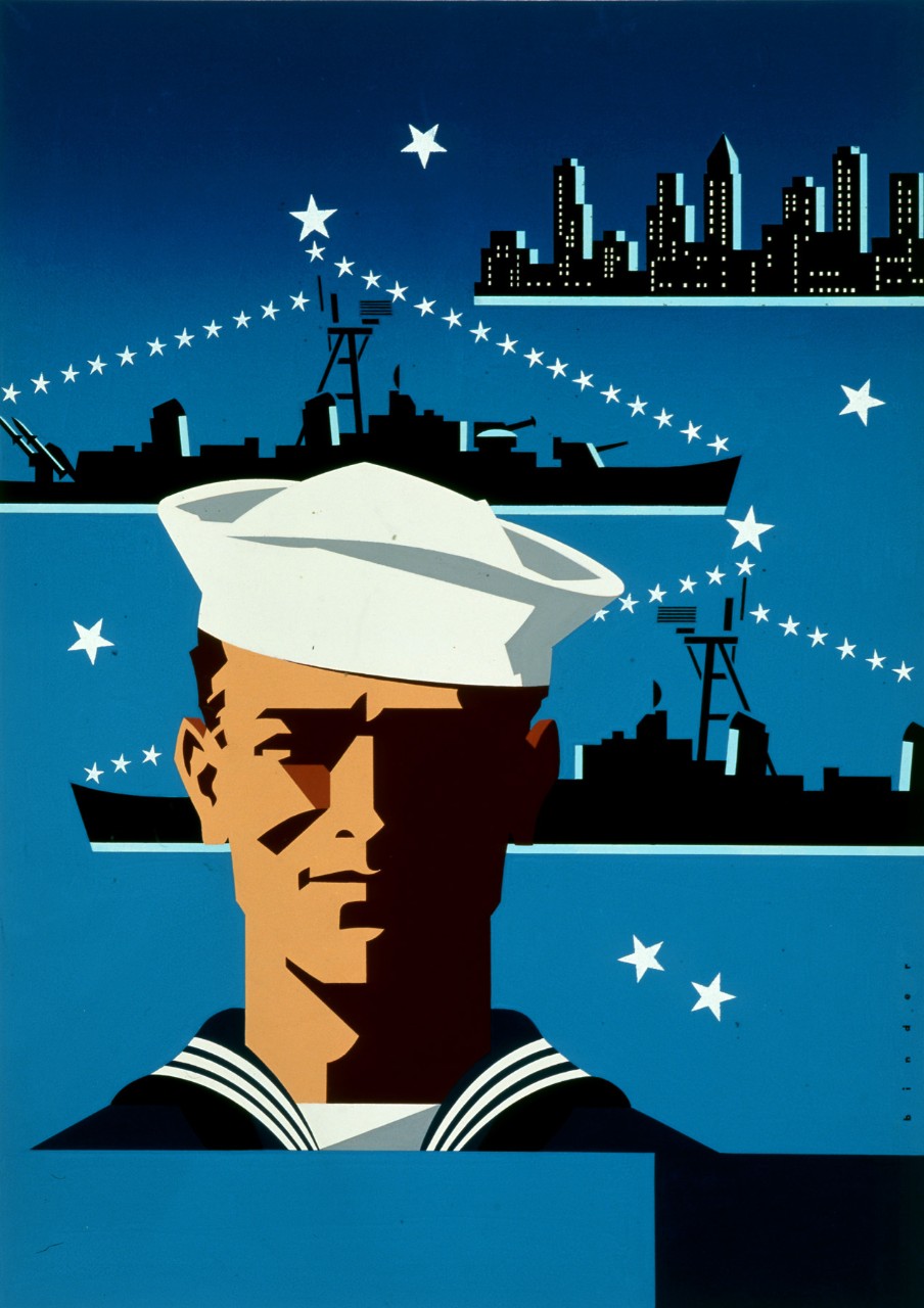 Portrait of a sailor with two ship in the background. A city skyline is in the upper right.