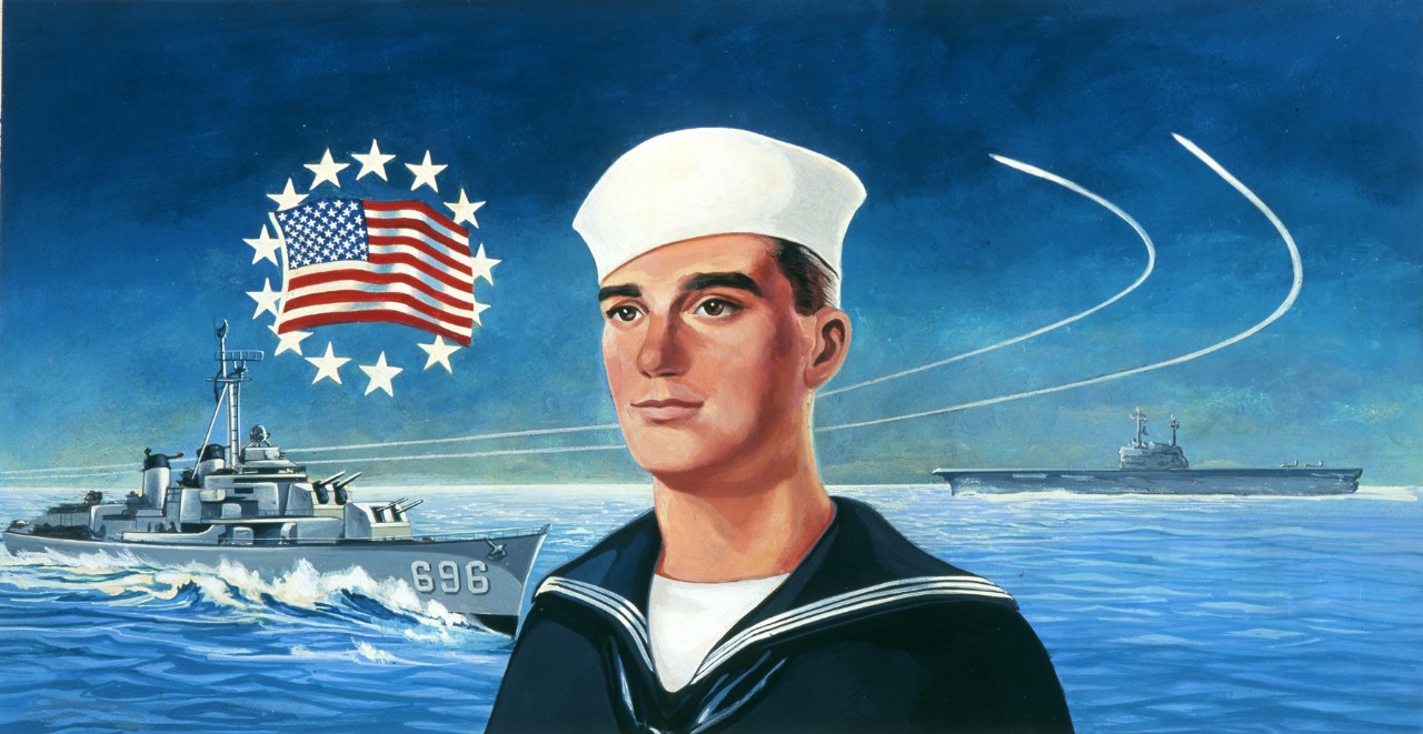 A montage with a destroyer to the left above is an American flag ringed by 13 stars. In the middle is a sailor, on the right is an aircraft carrier with airplanes above.