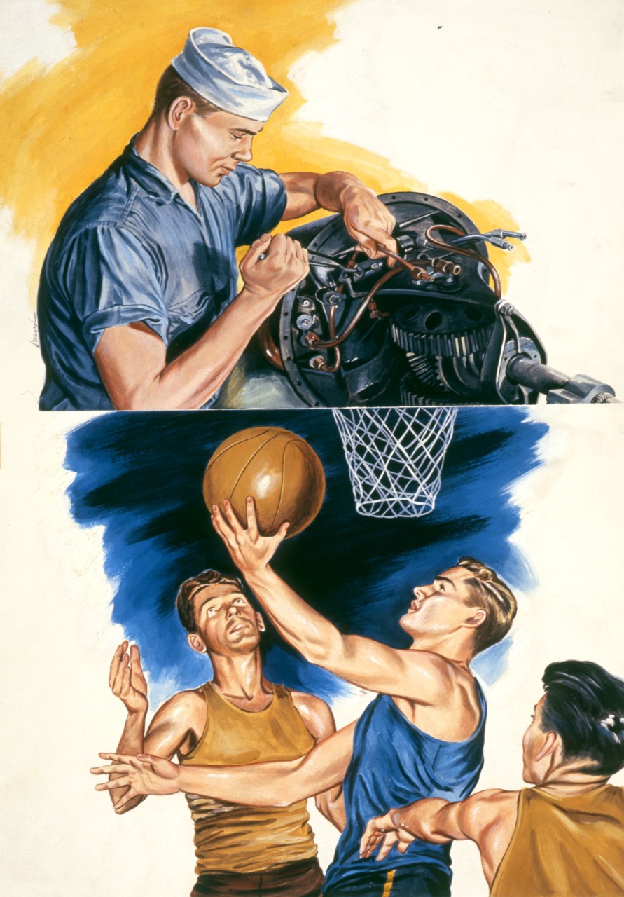 Two images: the top shows a sailor working on equipment, the bottom shows three men playing baskekball