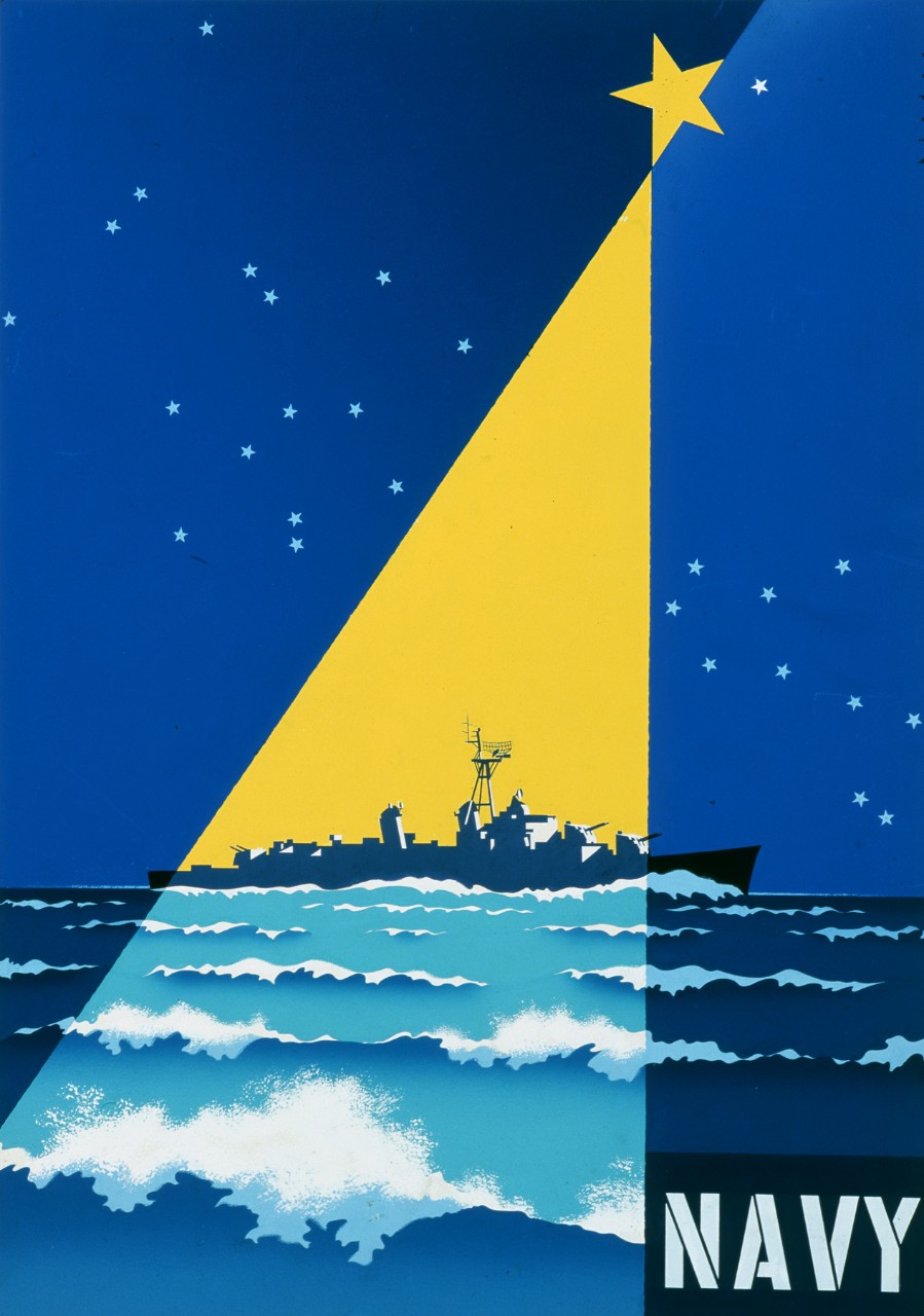 There is a star shining light down on a destroyer. Text Navy is in lower right corner.
