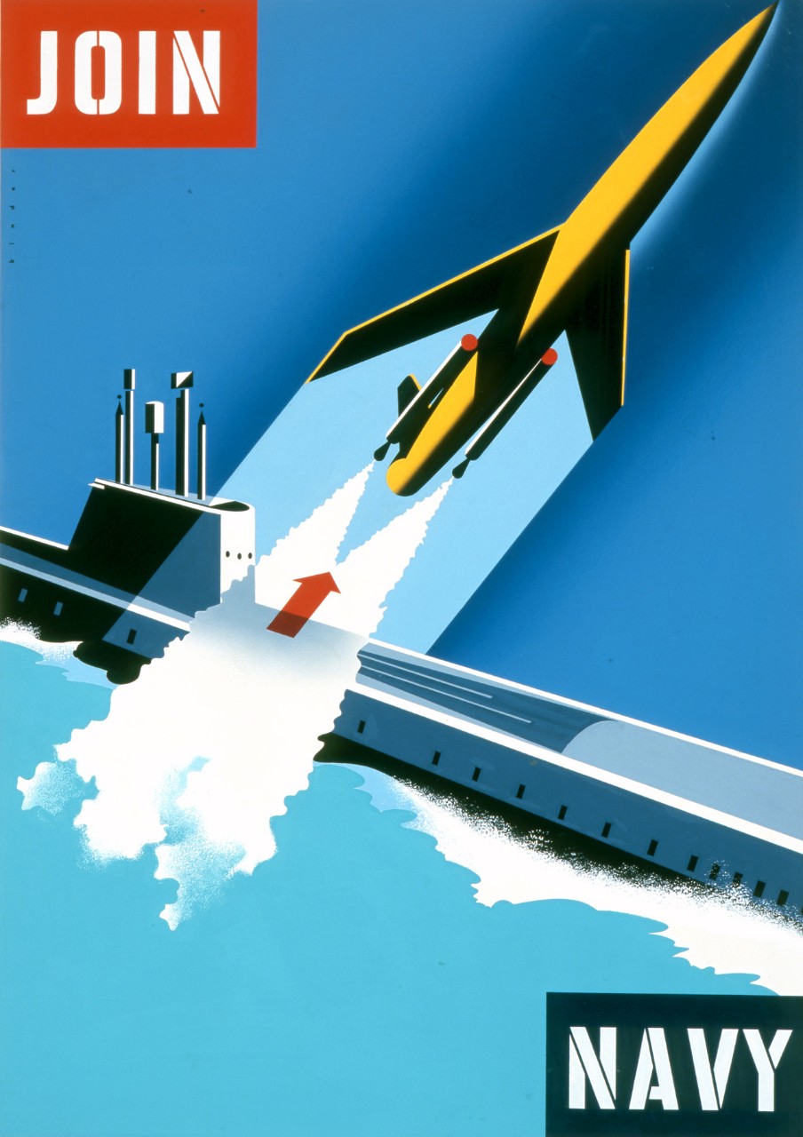 A submarine is launching a missile. Text Join is in the upper left corner and Navy in the lower right corner.