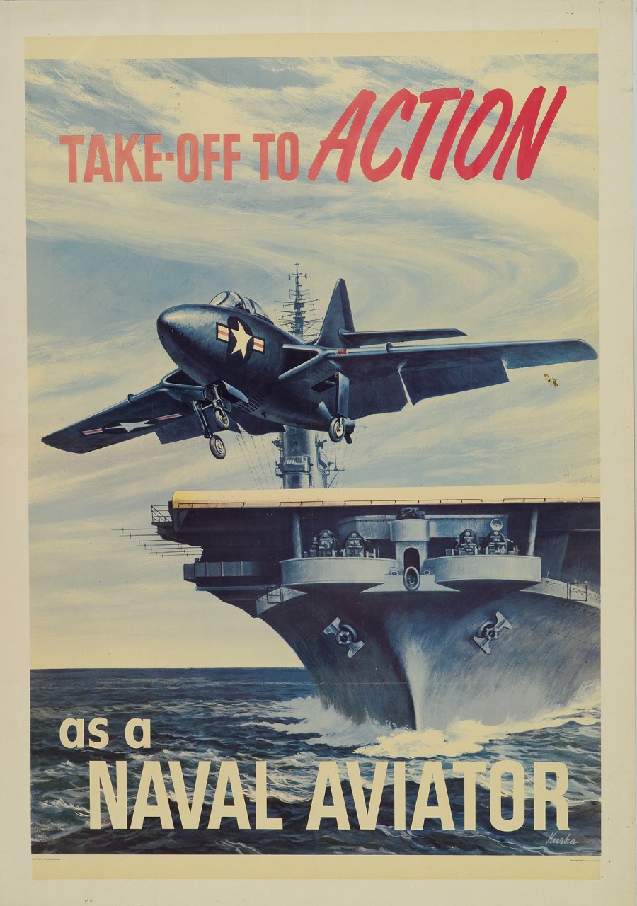 An airplane taking off from an aircraft carrier bow view. Text above is Take Off to Action and below is As a Naval Aviator.