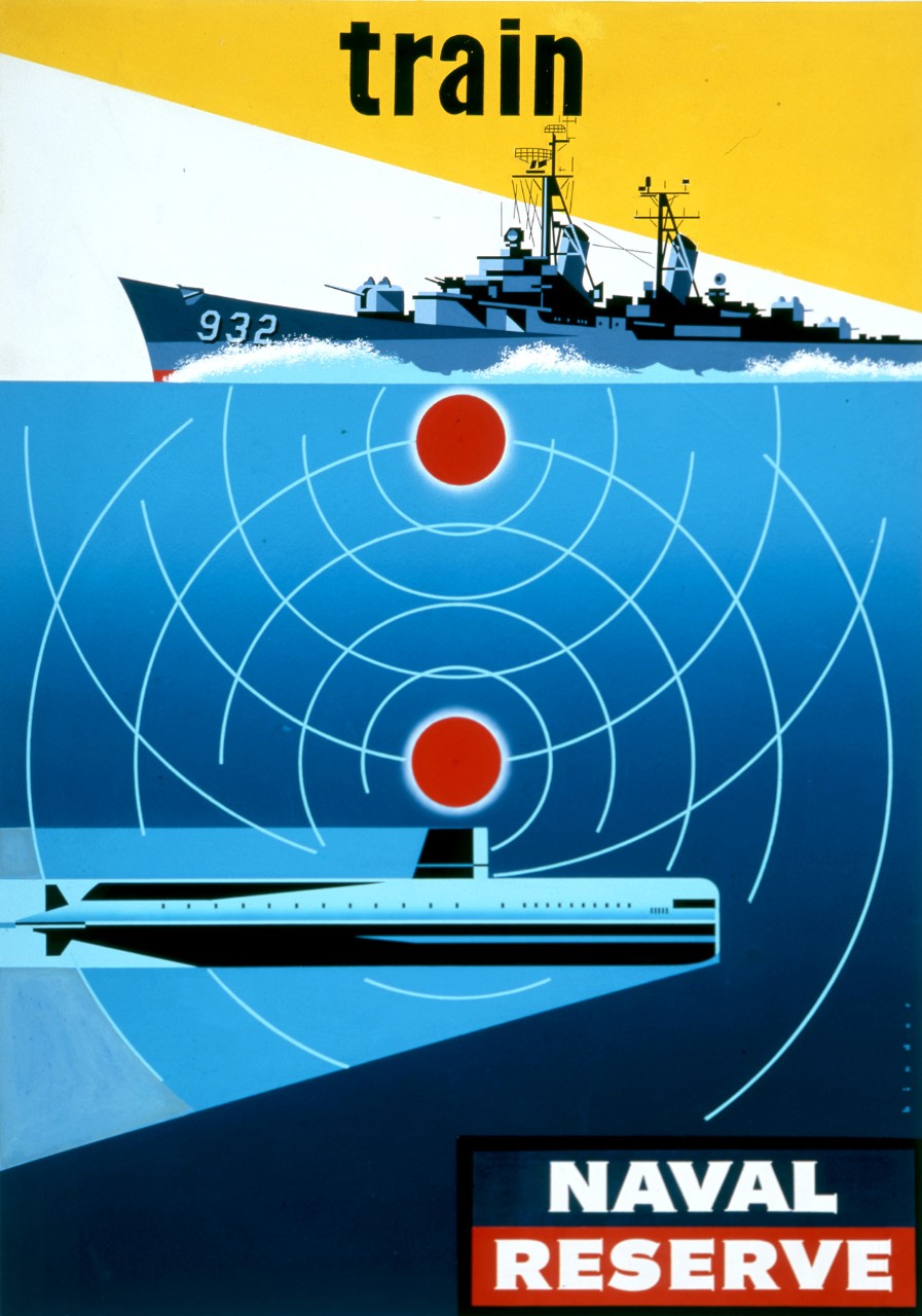 A stylized image of a destroyer on the surface with a submarine below with sonar signals coming from vessels. Text of Train, Naval Reserve are on the image.