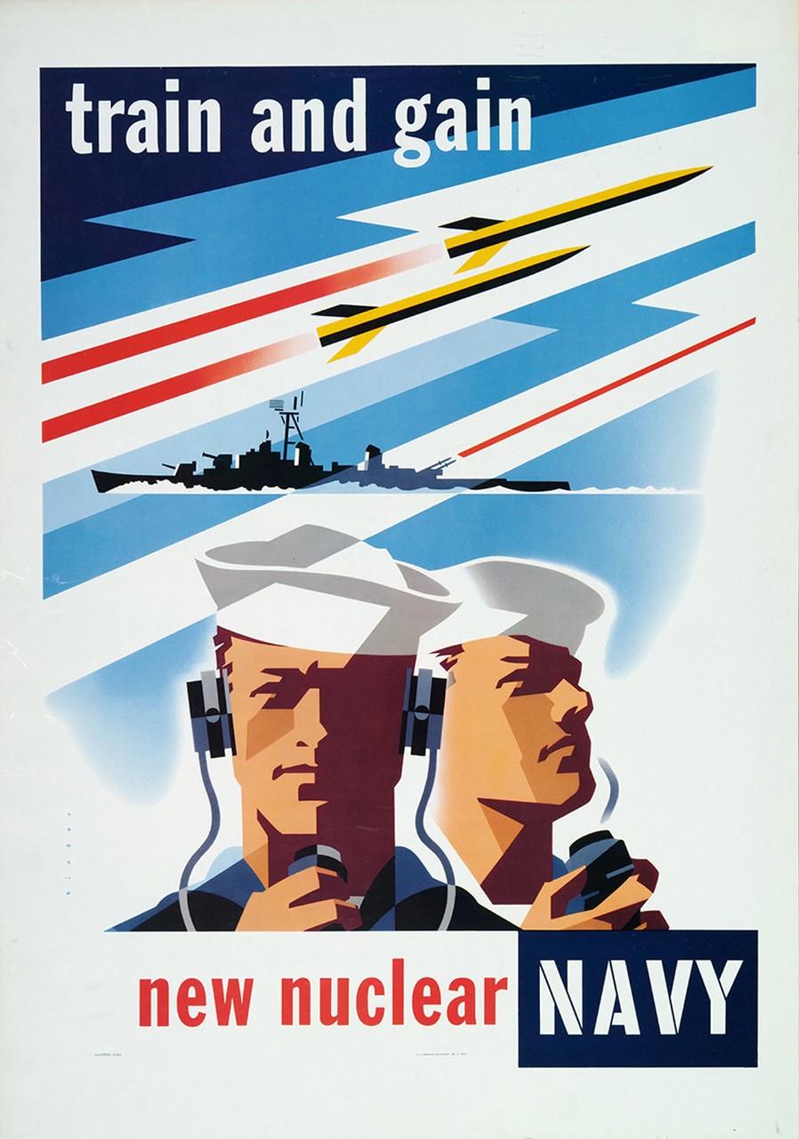 Two missiles are flying over a destroyer with two sailors below the destroyer they are using communication equipment.  At top is text Train and Gain and at bottom is New Nuclear Navy.