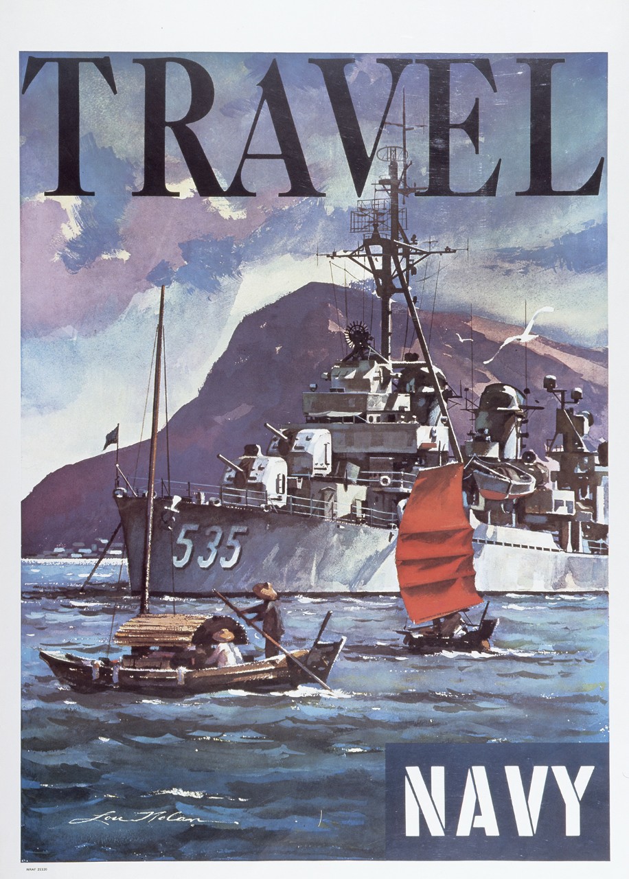 Two small South East Asian boats in front of a destroyer. Text at top is Travel and in lower right corner is Navy.