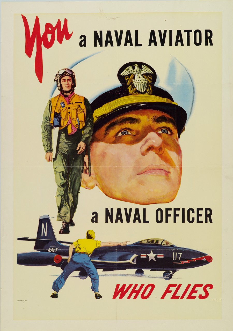A montage with a pilot in flight gear walking, a portrait of an officer, at bottom is a crewmen signaling a plane to taking off from an aircraft carrier.