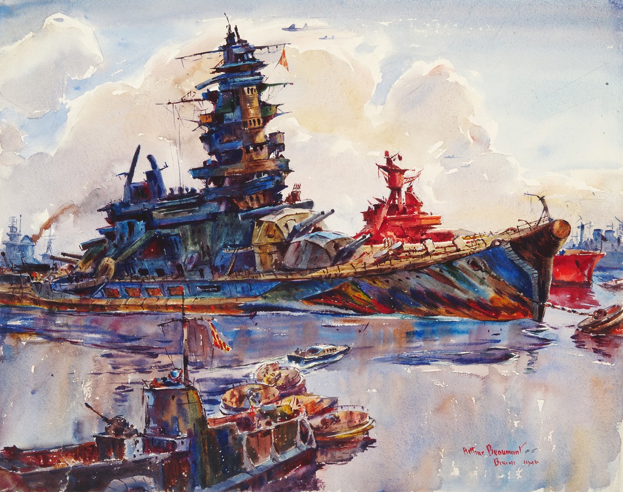 Heavily damaged battleship with other ships