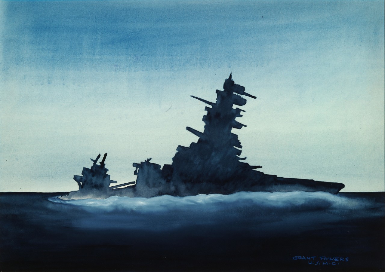 A battleship in the predawn hours sinking 