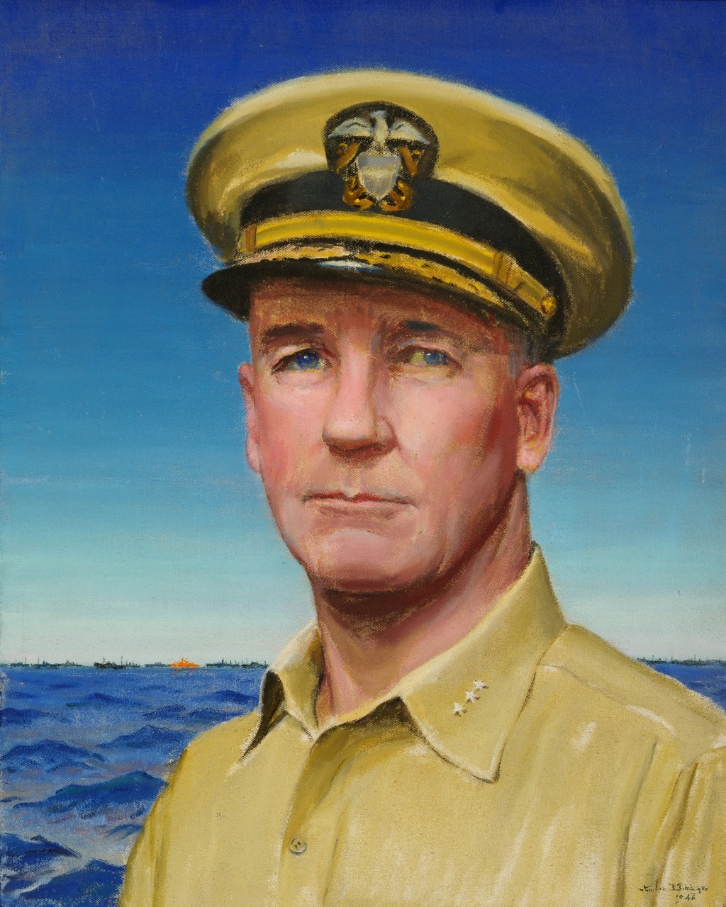 Portrait of a three star admiral with a fleet in the far background
