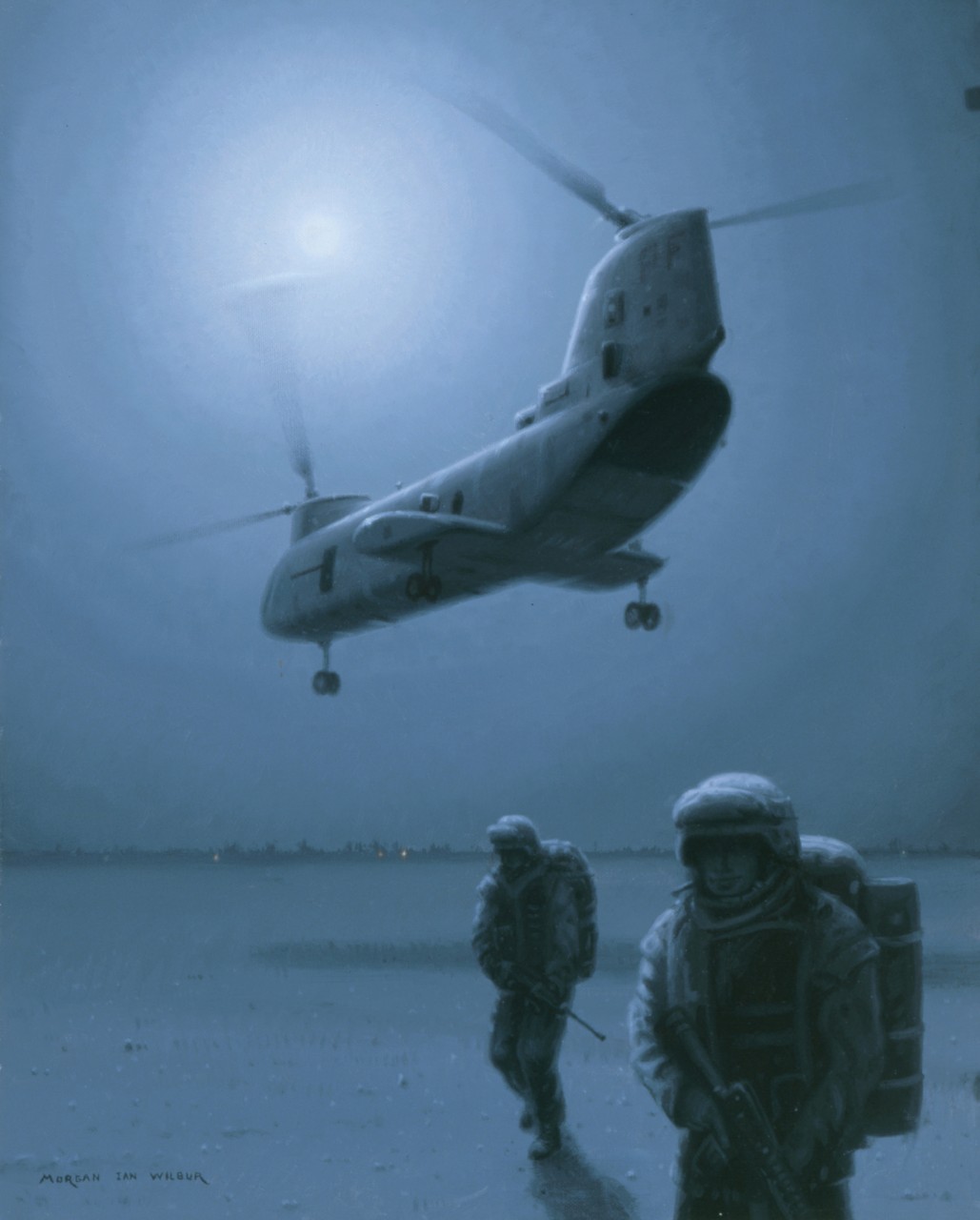 Two marines in the foreground with a helicopter flying above. The night scene is lit by a full moon