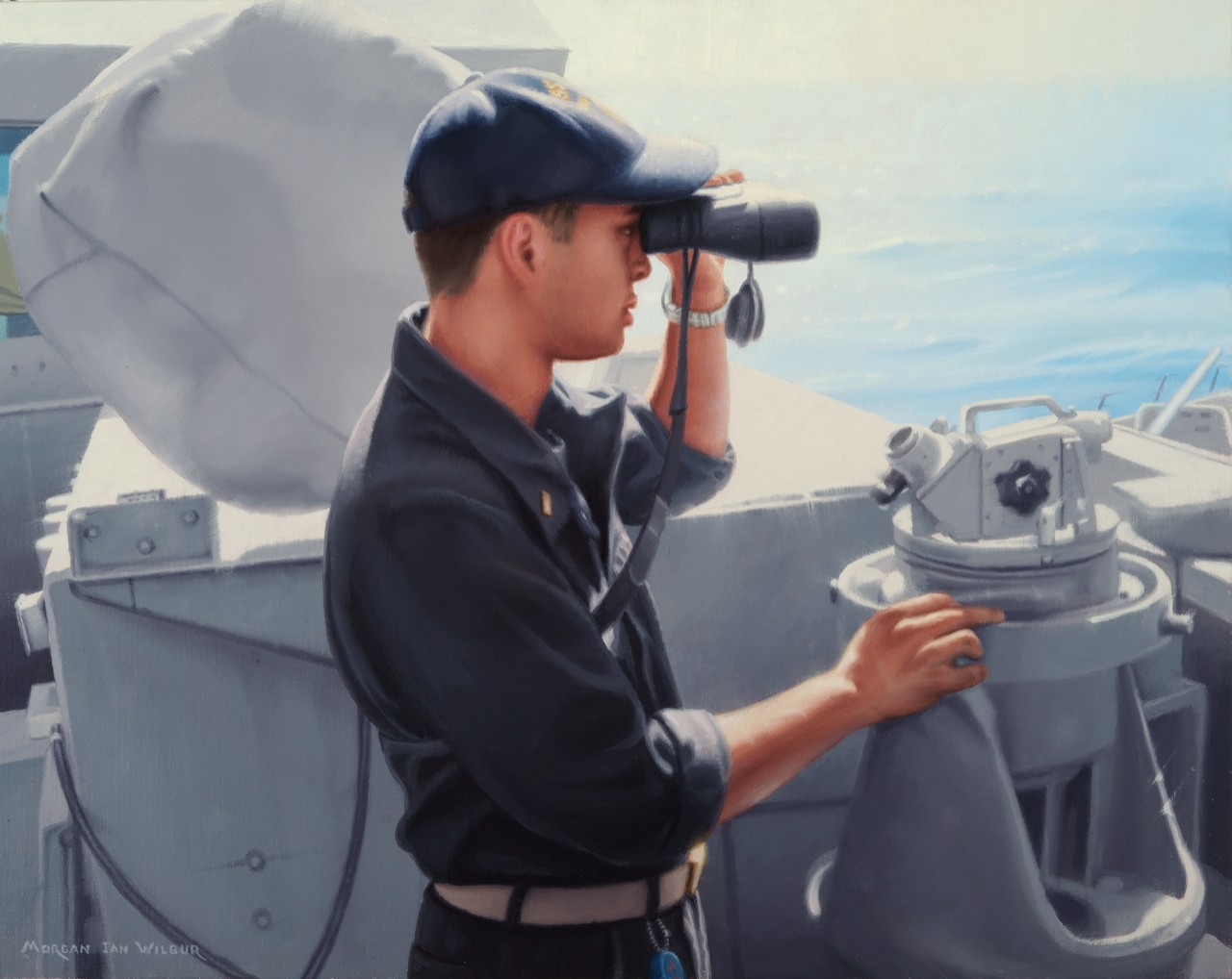 A crewman on deck watching the horizon through binoculars