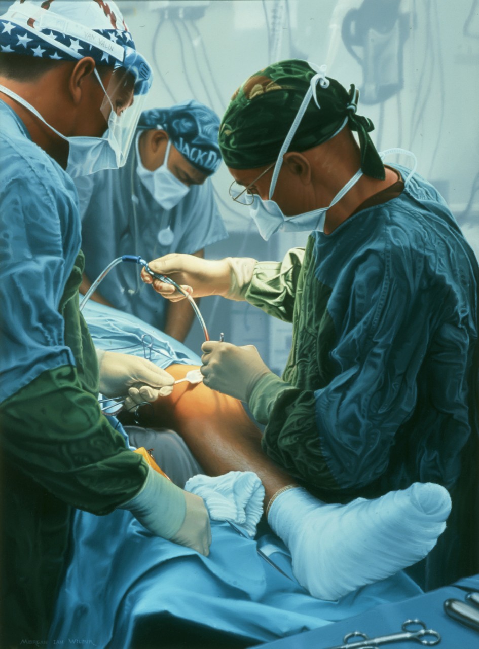 A surgeon is operating on a knee. He is being assisted by an anesthesiologist and a nurse