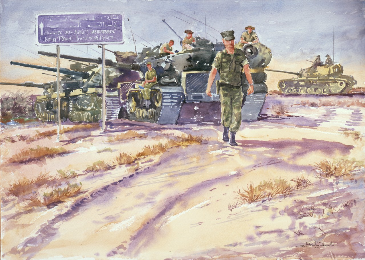 A line of tanks with their crews prepare for action, with a soldier walking away from the tanks. 