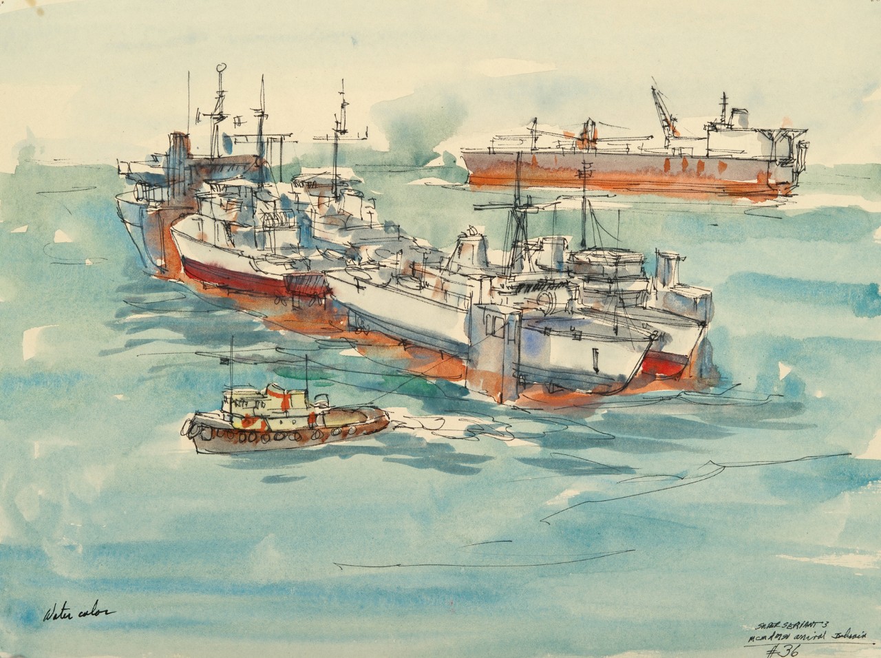 Entering a harbor on a transport ship are four Navy ships with a tug in the foreground