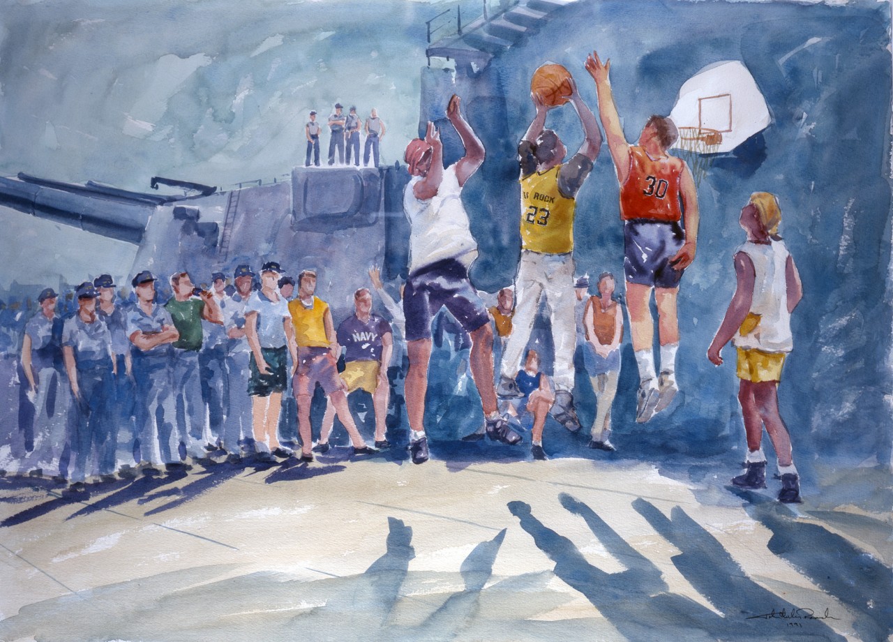 A basketball game on the deck of a battleship