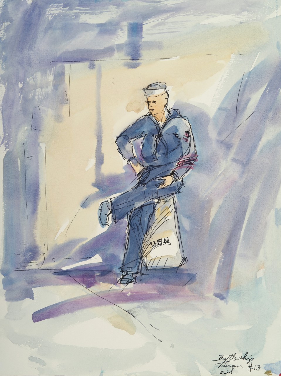 A sailor is seated on a full canvas bag he is leaning against the side of the ship