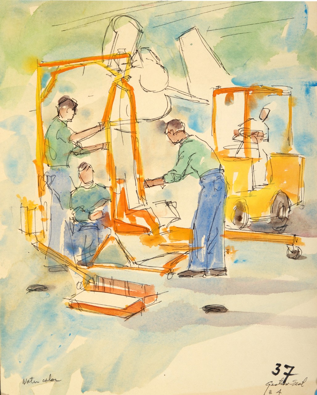 Three crewmen work on an ejector seat 