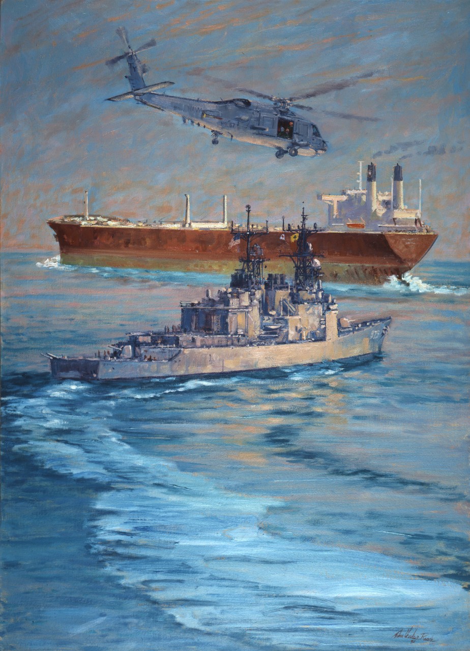 A Navy ship with air support from a helicopter approaches a freighter