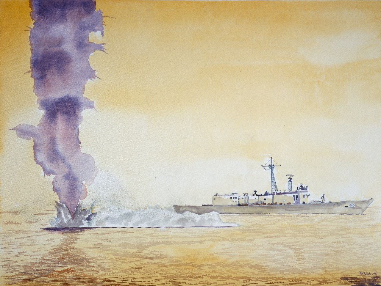 A ship passing in front of a plume of water rising out of the ocean