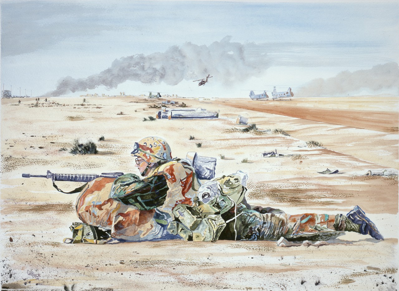 A marine is firing in a prone position steadying his rifle on his back pack