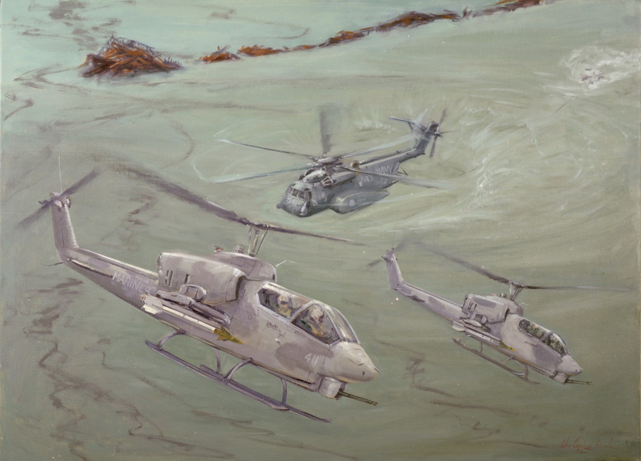 Three helicopters are flying over the ocean with oil on the water